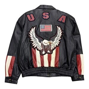 Vintage 90s Intro USA Bald Eagle American Flag‎ Leather Jacket Men's Large